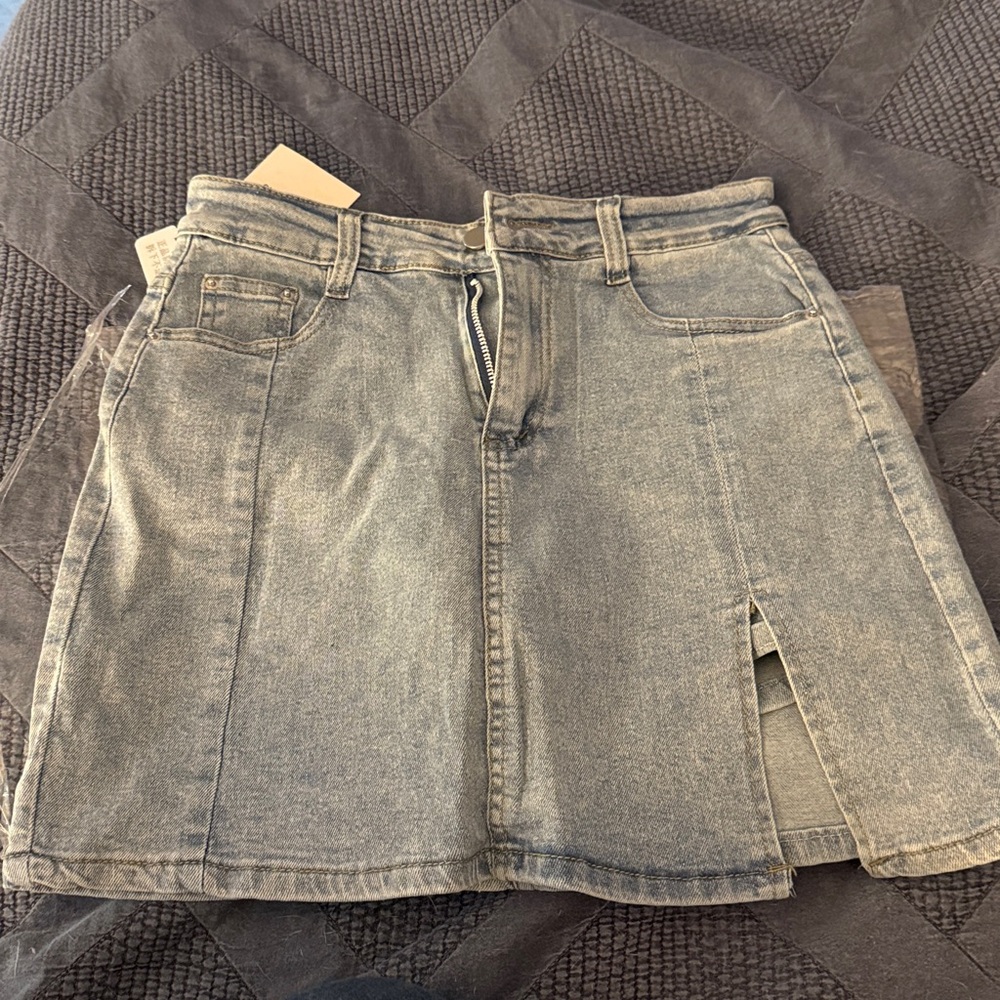 Denim Mini Skirt with Front Slit